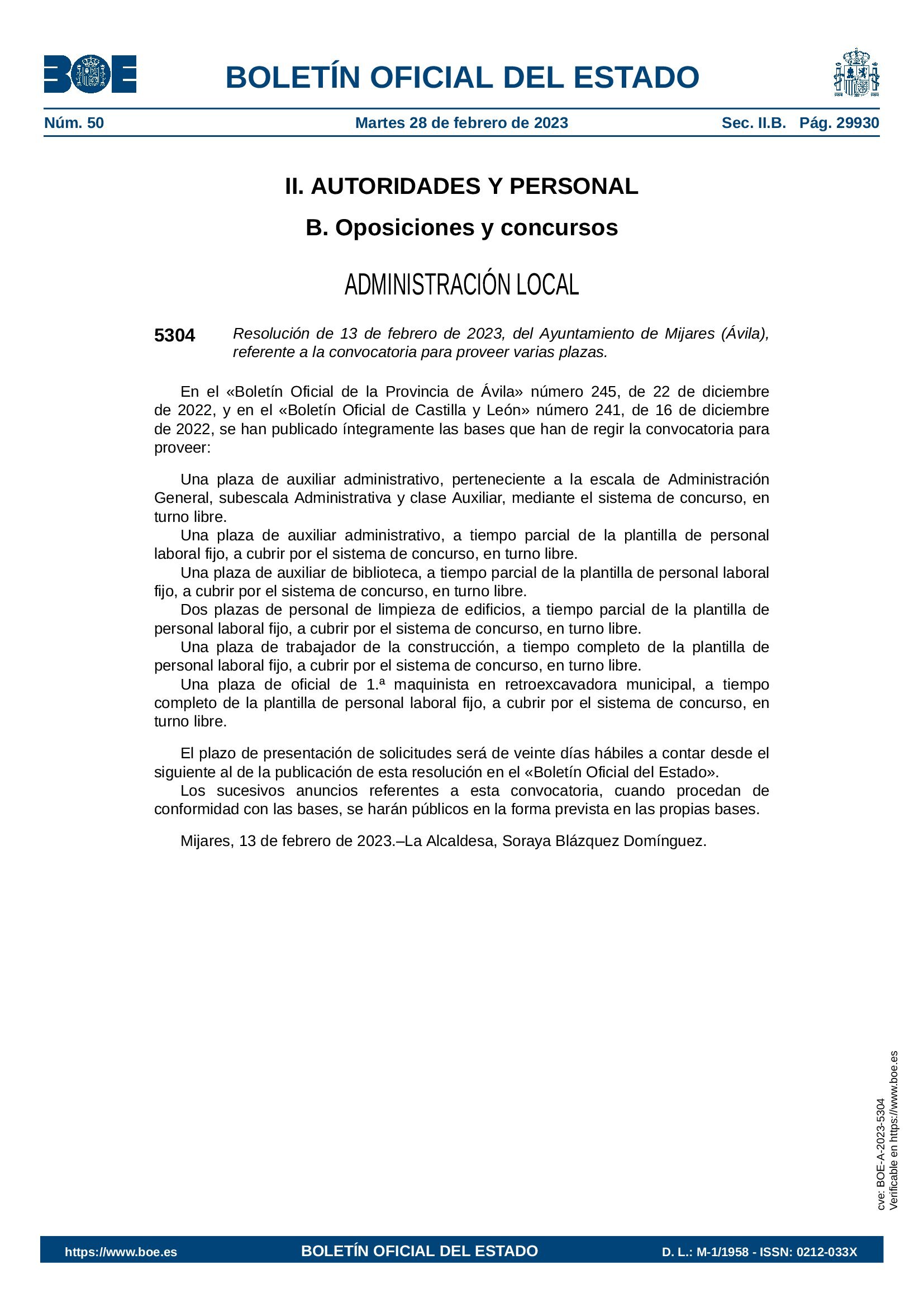 ANUNCIO BOE ESTABILIZACIÓN EMPLEO – Ayuntamiento De Mijares